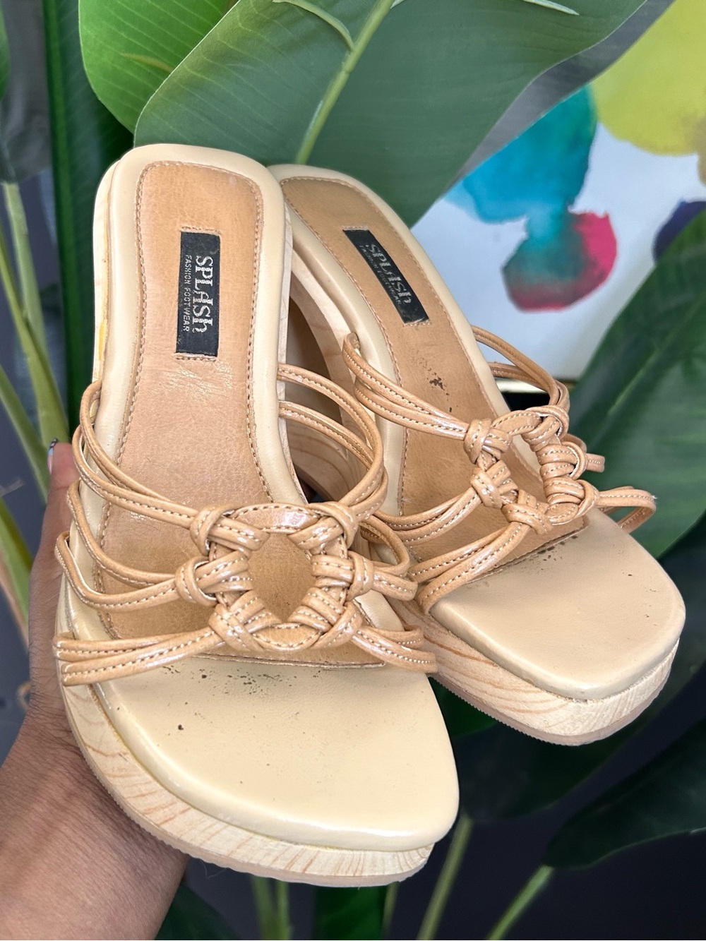 Y2K Splash Beige Knot-Detail Wedge Sandals - Picture 2 of 5